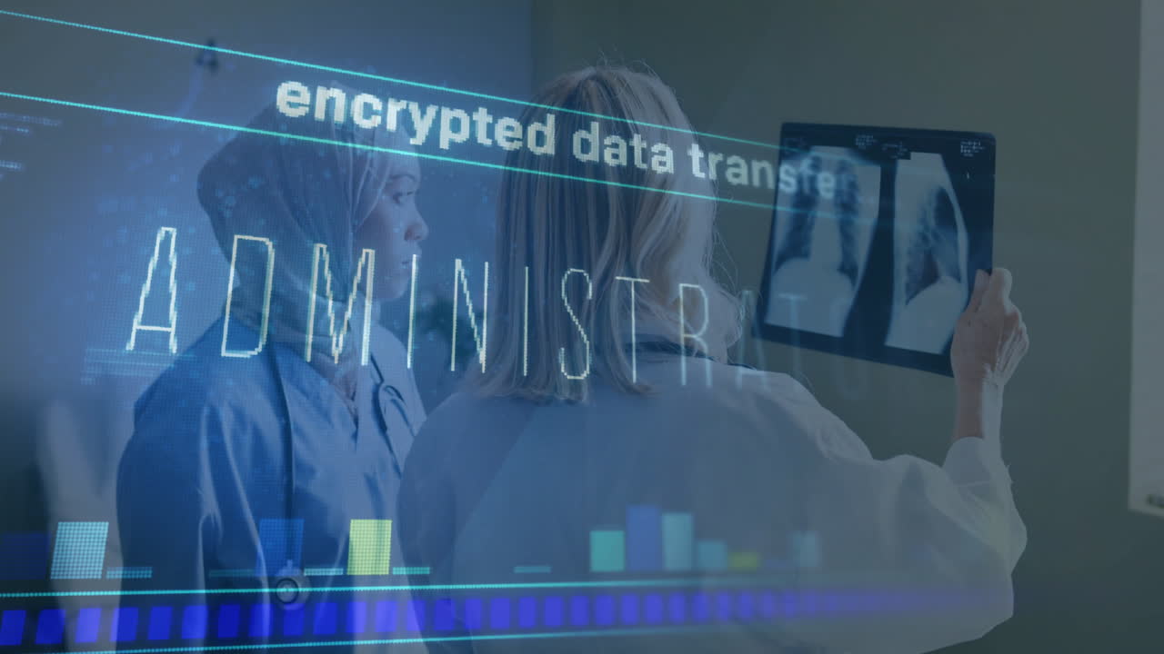 female doctor and nurse examining chest X-ray showing encrypted data overlay with bar charts