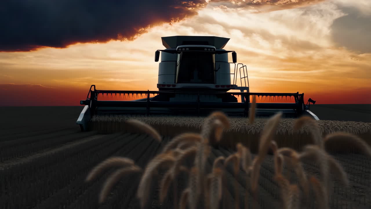Combine Harvester at Sunset in a Wheat Field