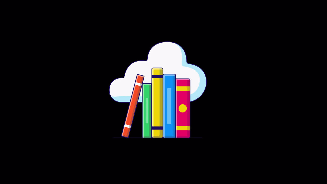 Libri animati e icona a nuvola su sfondo nero