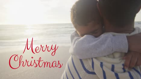 animation of merry christmas text over biracial man and his son at beach