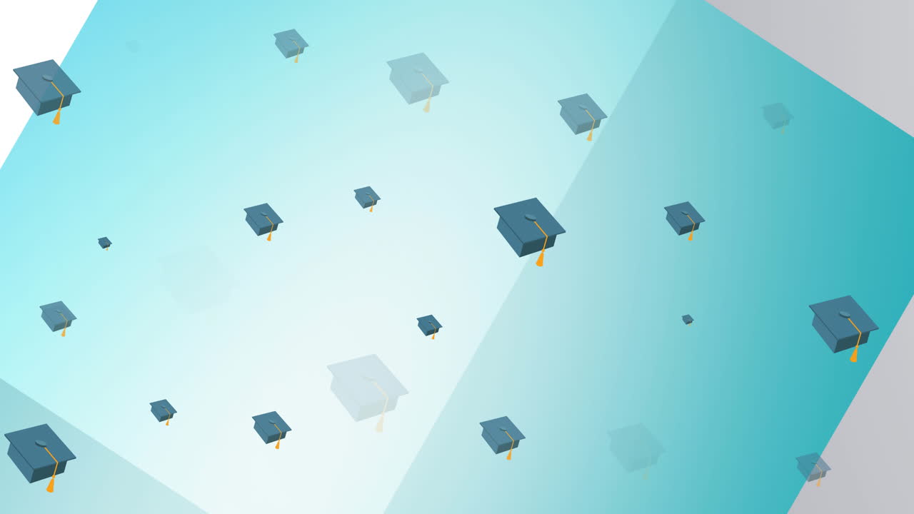 Animation of mortarboards appearing and disappearing on blue and white
