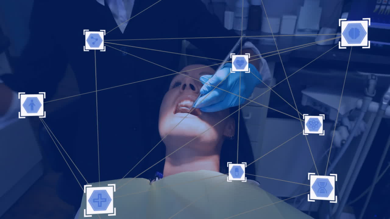 Patient in dental chair with medical icons and network connections animation