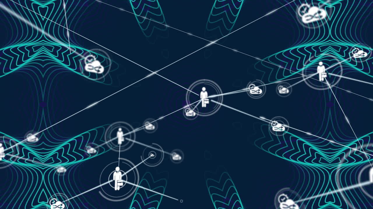 파란색 배경에 녹색 칼레이도스코프 패턴 위에 디지털 아이콘 네트워크의 애니메이션