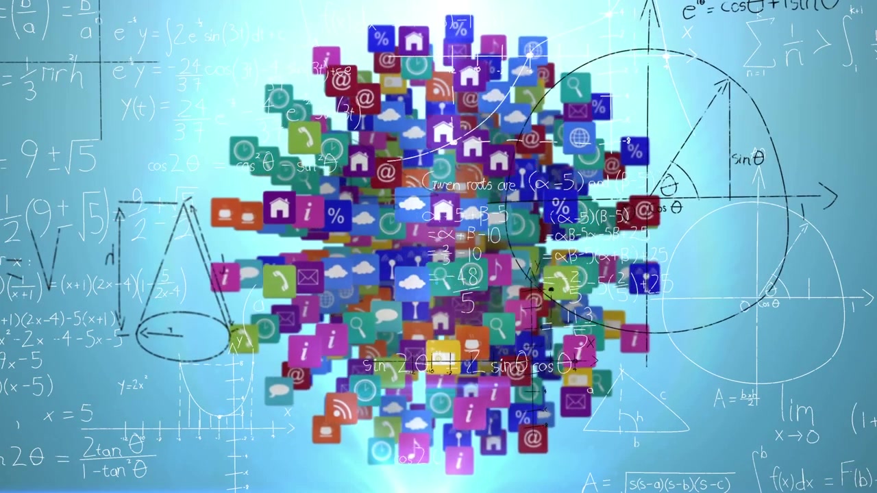 Rotating Sphere of App Icons with Mathematical Equations Background