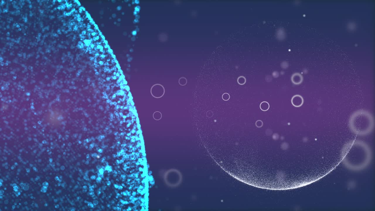 큰 빛나는 행성은 네온 파란색 입자로 형성되어 회전하는 반면, 그 위성은 작은 우주 먼지에서 멀리서 나타납니다.