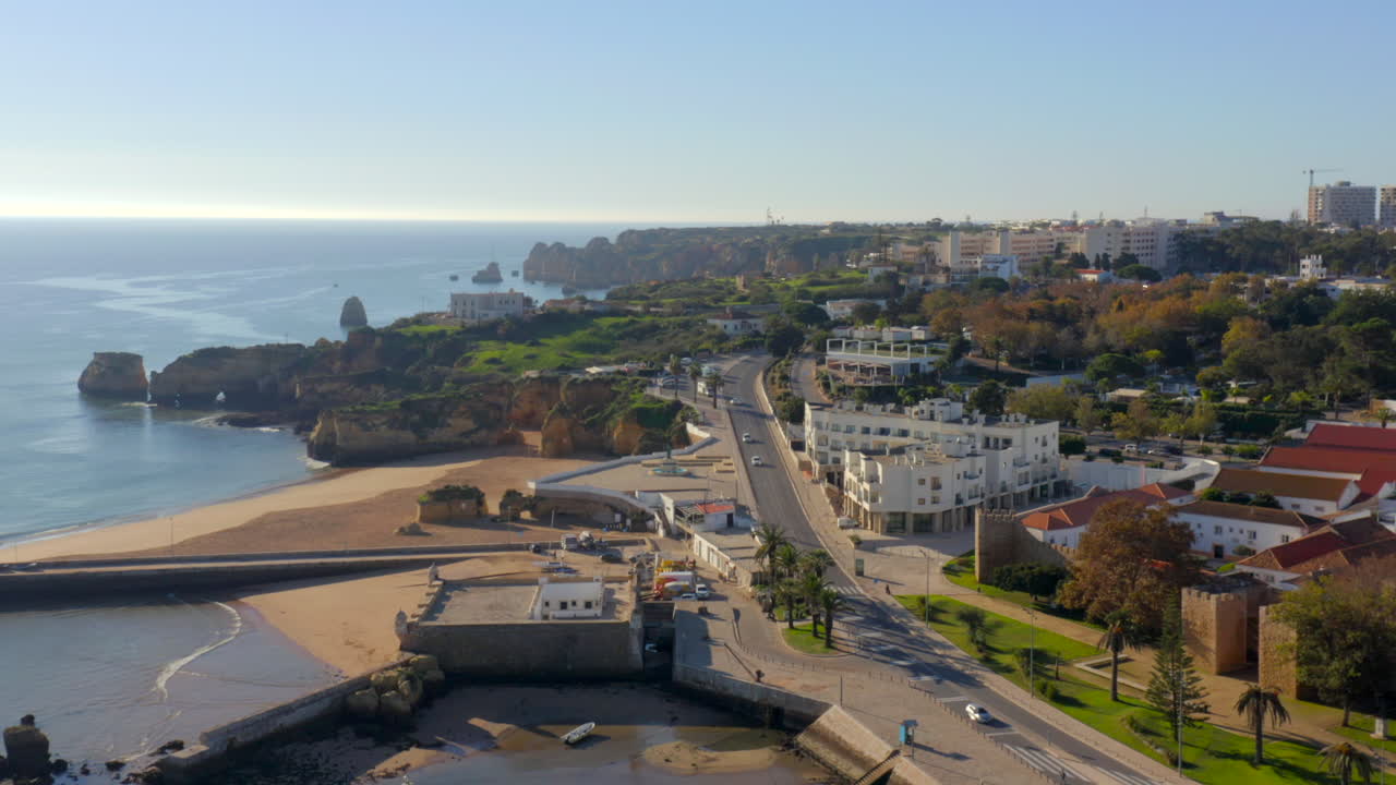Lagos Portugal, Aerial Coastal Road, Beach and Ponta da Piedade Cliffs