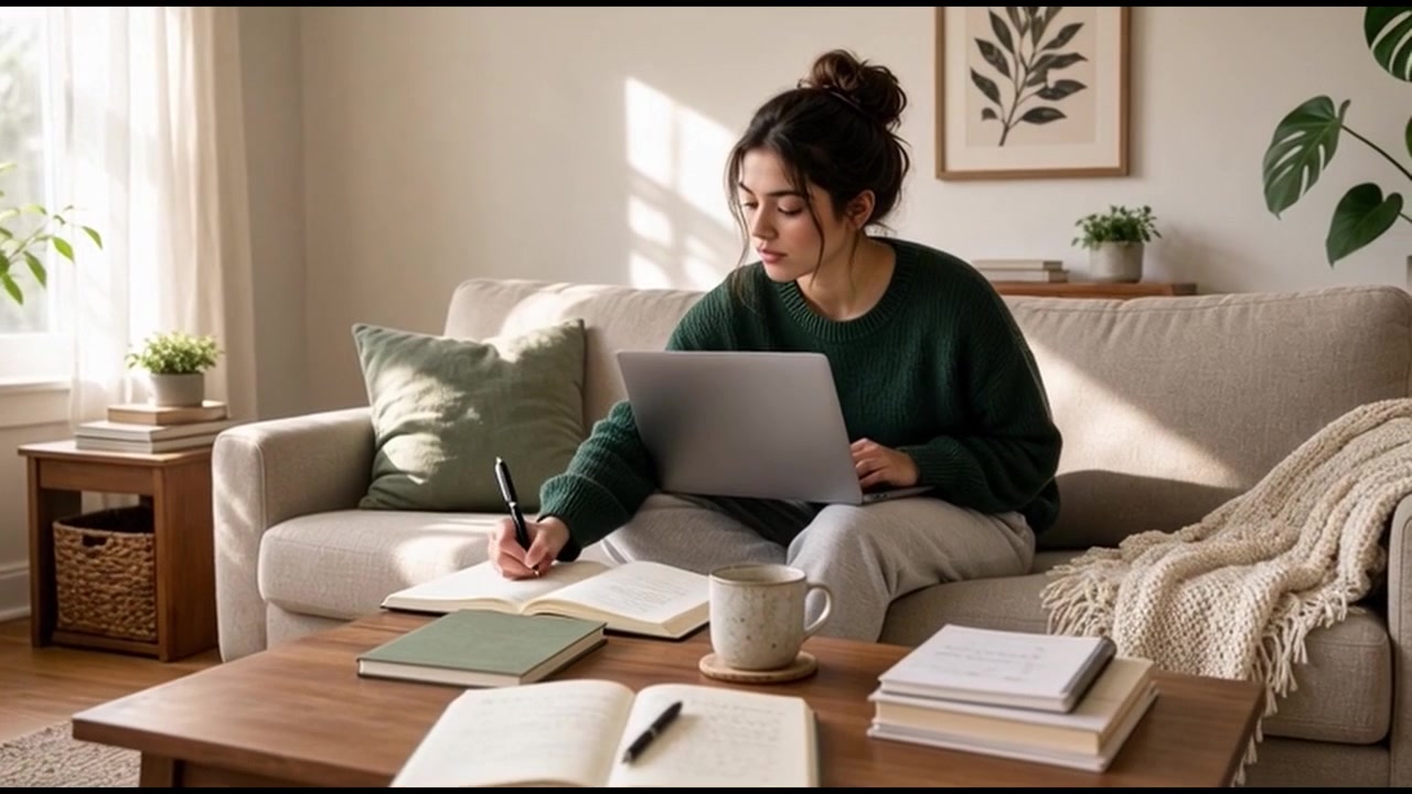 Young Woman Working on Laptop and Writing in Notebook on Sofa