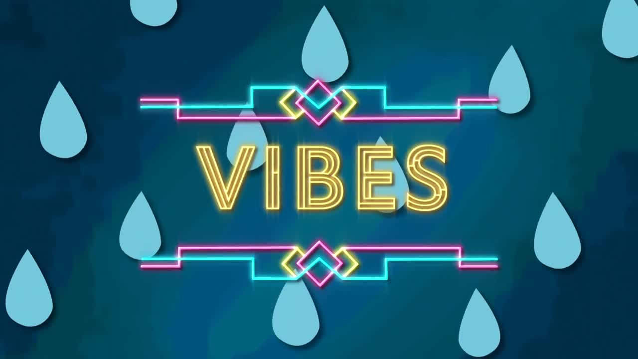 Animaatio, jossa "vibes"-teksti vesipisaroiden päällä sinisellä taustalla