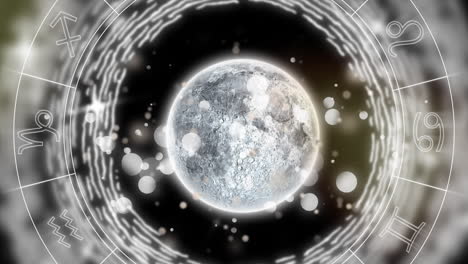 animación de una rueda de signo de estrella giratoria con un planeta y manchas de luz parpadeantes sobre un fondo negro