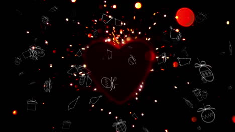 animación de regalos y fichas que caen con fuegos artificiales de corazón rojo brillante sobre fondo negro