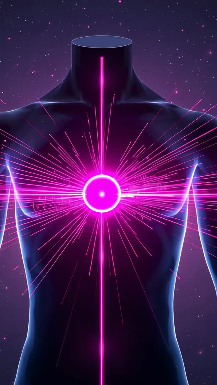 Video verticale: attivazione linea neon, busto che emette sfera magenta per formare un bagliore più grande sullo spazio