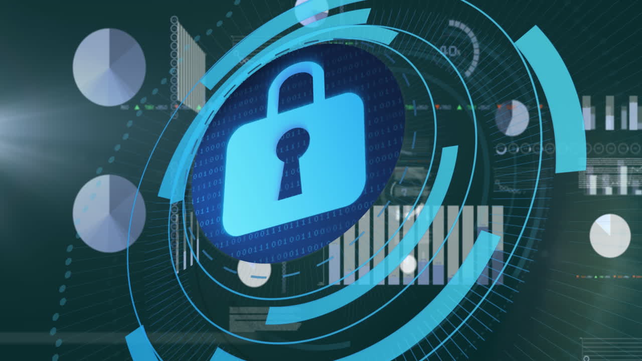 animación de un candado en círculo con múltiples gráficos, datos del mercado de valores y lenguaje informático