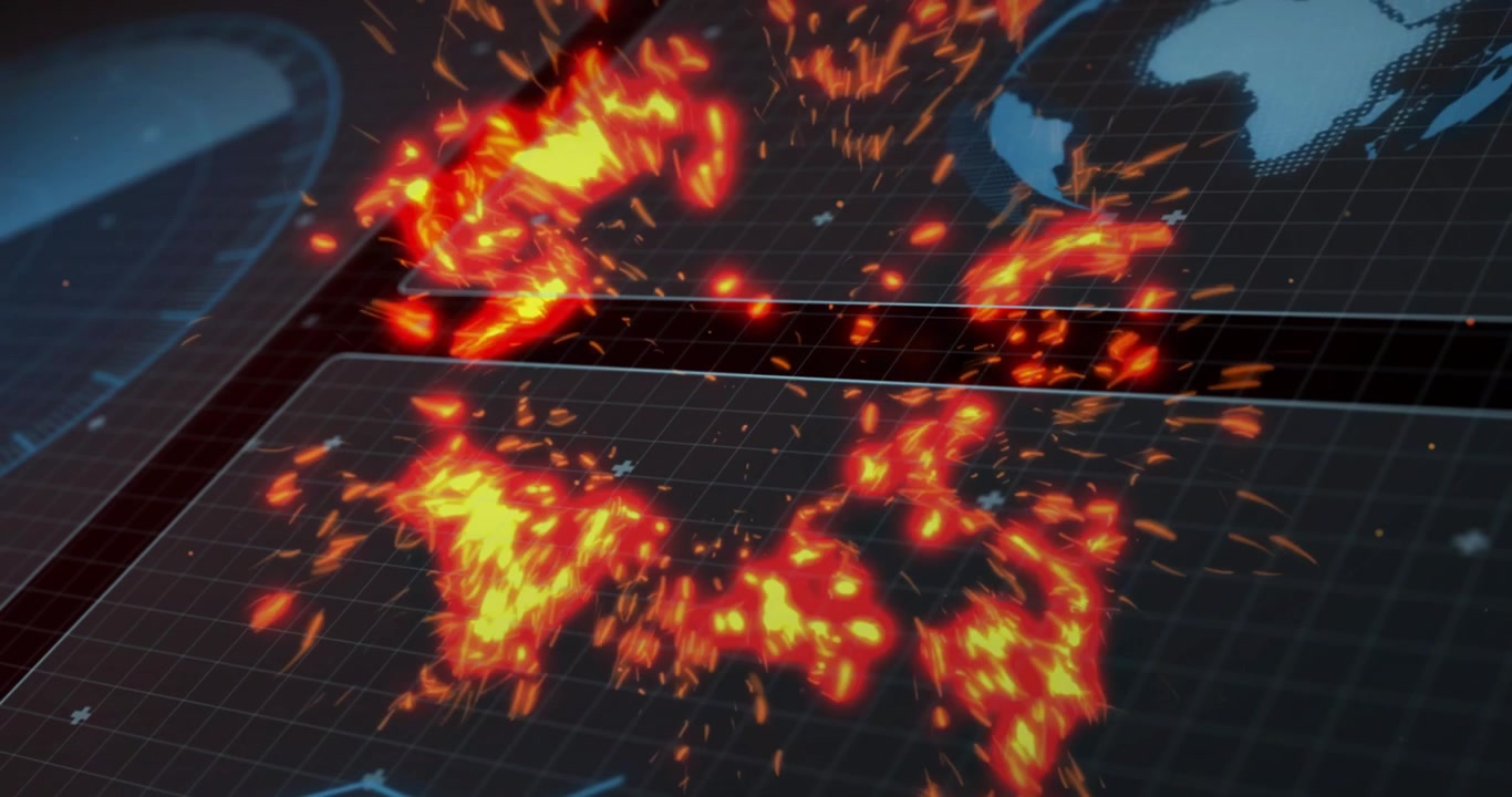Gridded data panel showing pulsing orange particles after incoming feed, visualizing network surge