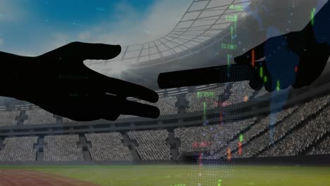 financial data processing against silhouette of hand passing a baton against sports stadium