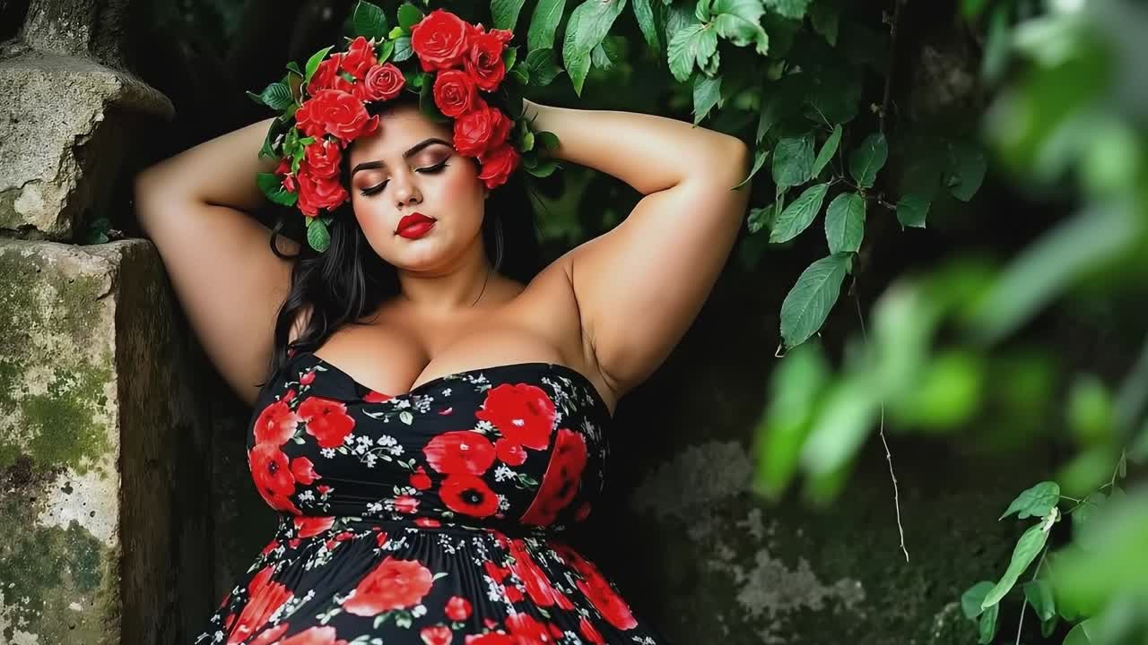 A woman in a black and red dress with a flower crown on her head