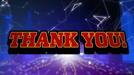 Animation-of-thank-you-text-banner-and-purple-light-trails-over-3d-city-model