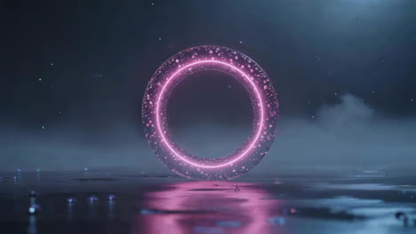 neon pink glowing ring in a misty environment