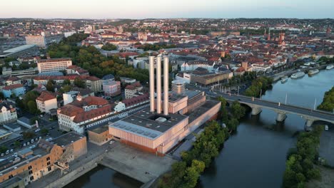 Wuzburg-,Germany-thermal-power-station-overhead-overhead-birds-eye-view-aerial-at-sunset