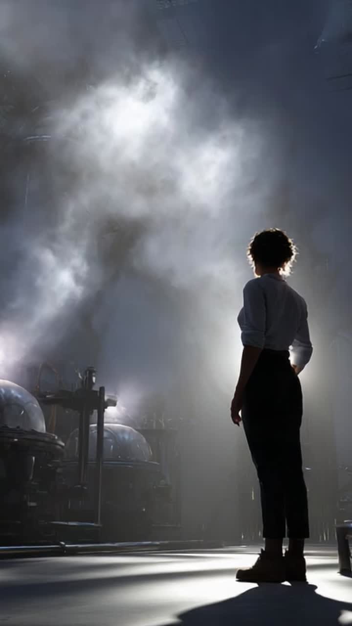 A lone figure stands in a dimly lit industrial space, shrouded in mist and steam, contemplating the mysteries of innovation and technology in a surreal atmosphere