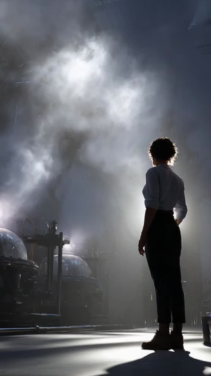Uma figura solitária está em um espaço industrial mal iluminado, envolta em névoa e vapor, contemplando os mistérios da inovação e da tecnologia em uma atmosfera surreal