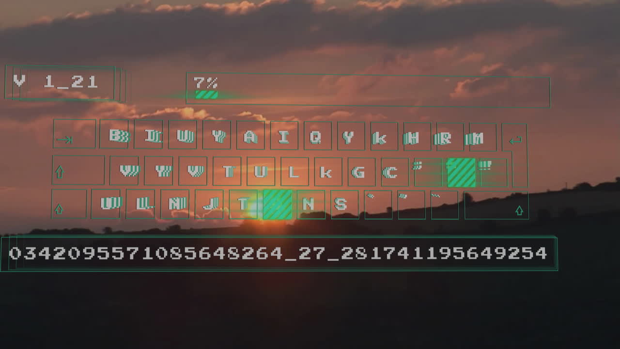 Animation of digital data processing over landscape at sunset