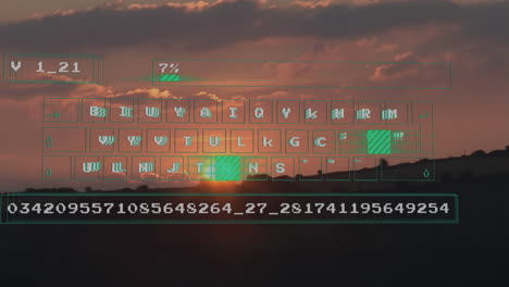 animation of digital data processing over landscape at sunset