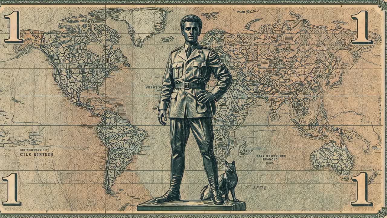 Artistic Representation of a Military Man on a One Dollar Bill World Map