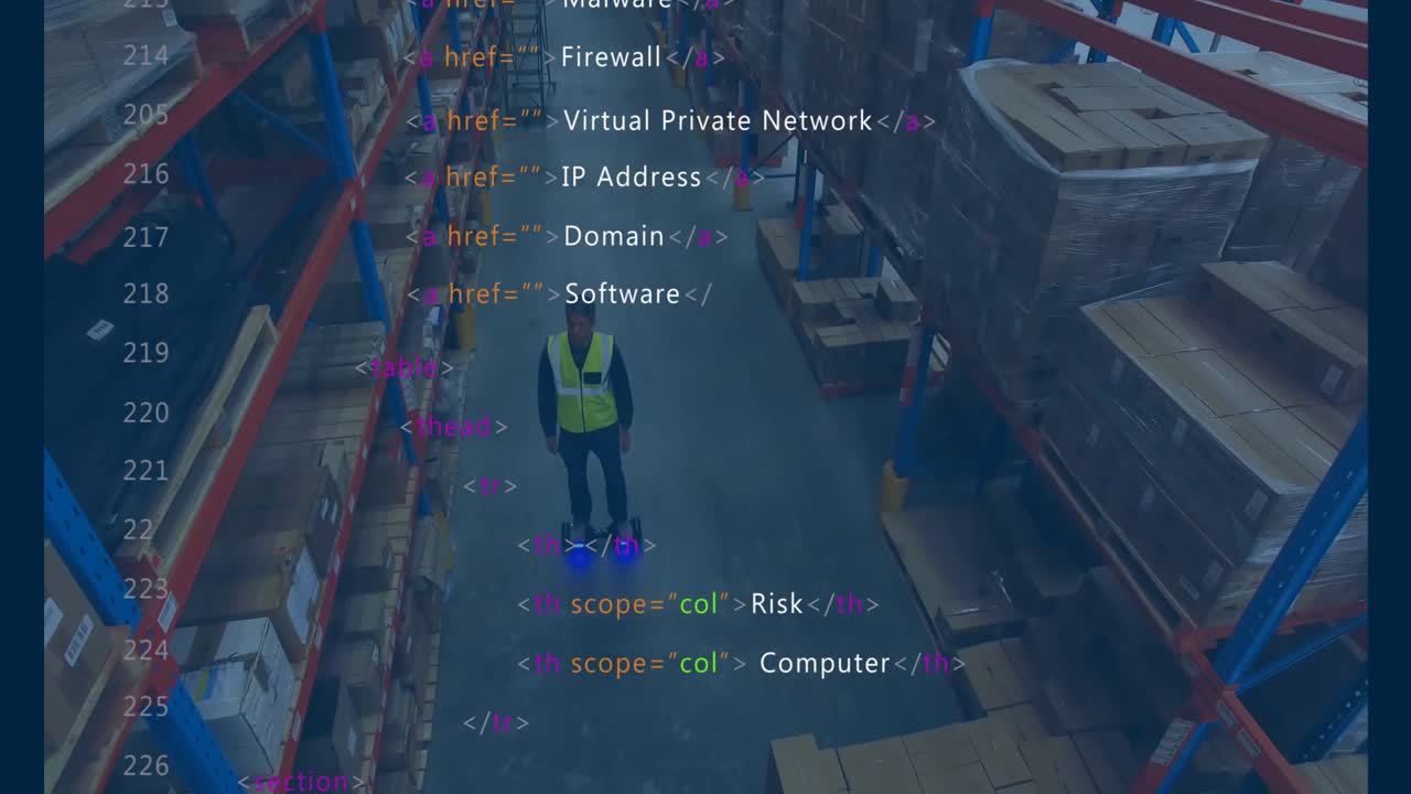 Animation af databehandling over kaukasisk mandlig medarbejder på lager