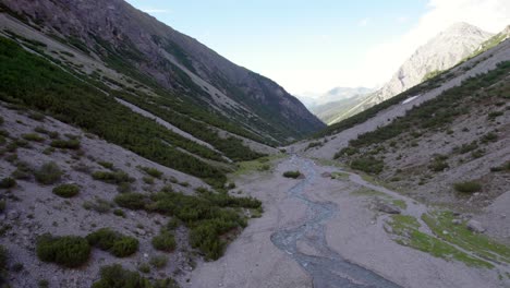 Imágenes-Aéreas-De-Drones-Volando-A-Lo-Largo-De-Un-Río-A-Través-De-Un-Espectacular-Valle-Glacial-Rodeado-De-Montañas-Empinadas-Y-Pinos-Con-Parches-De-Nieve-En-Suiza