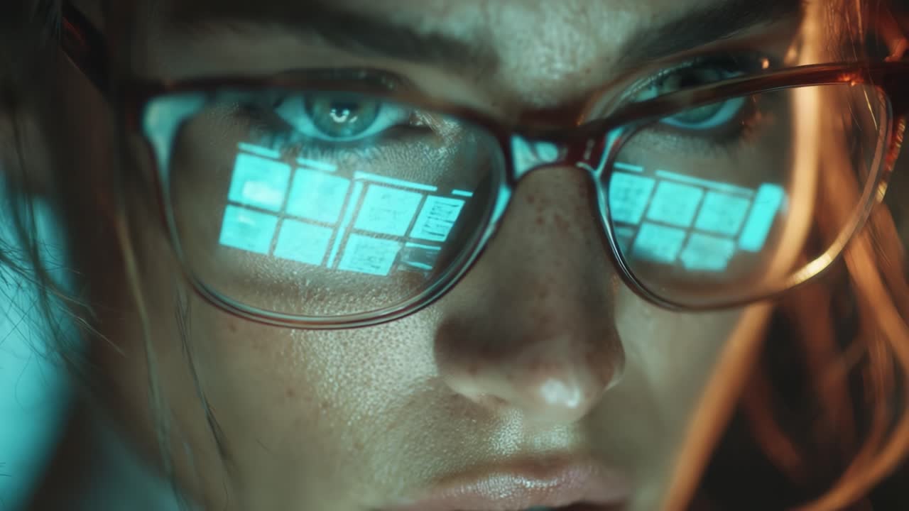 Intense Focus: A Close-Up Portrait of a Woman with Glasses, Capturing the Detailed Reflections of Technology and Light in Her Eyes