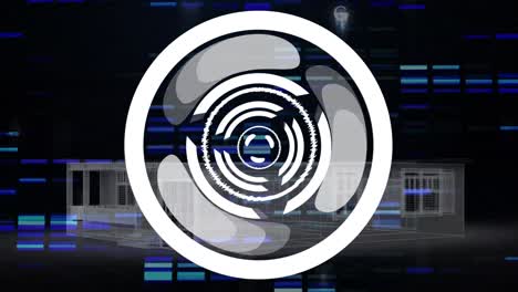 Animation of processing circle over house project on black background with blue lights