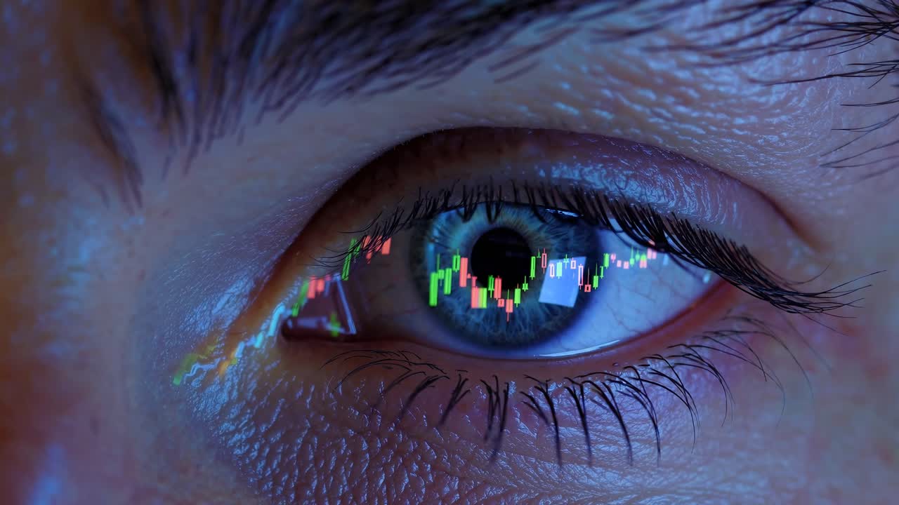 Close-up of an eye reflecting stock market graphs, symbolizing financial analysis