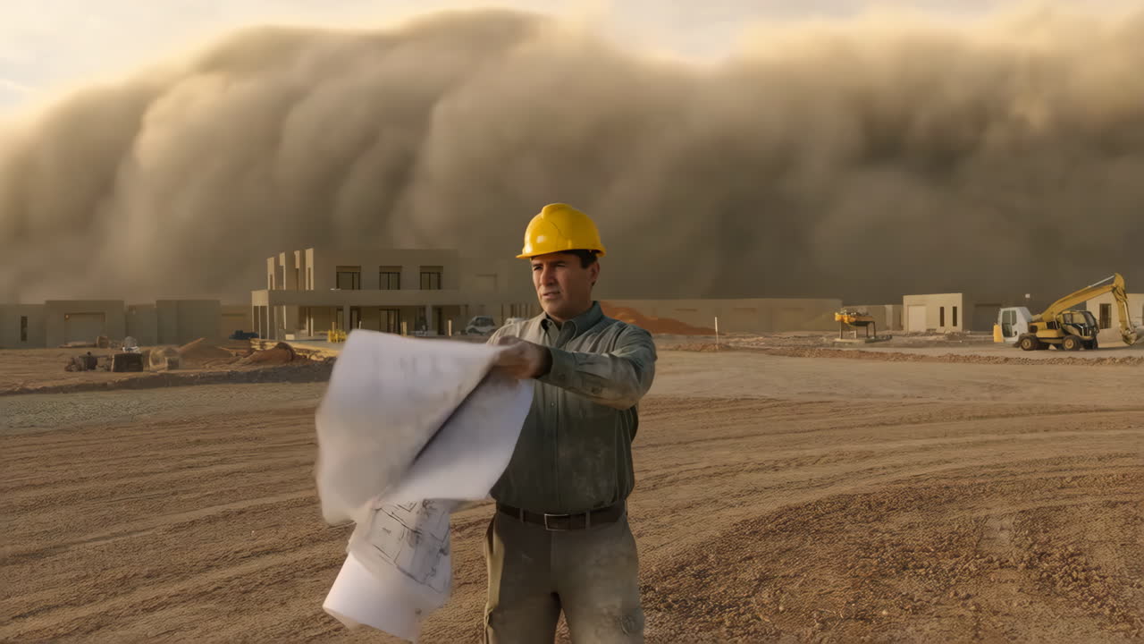 Construction Worker Holding Blueprints During a Dust Storm at a Building Site