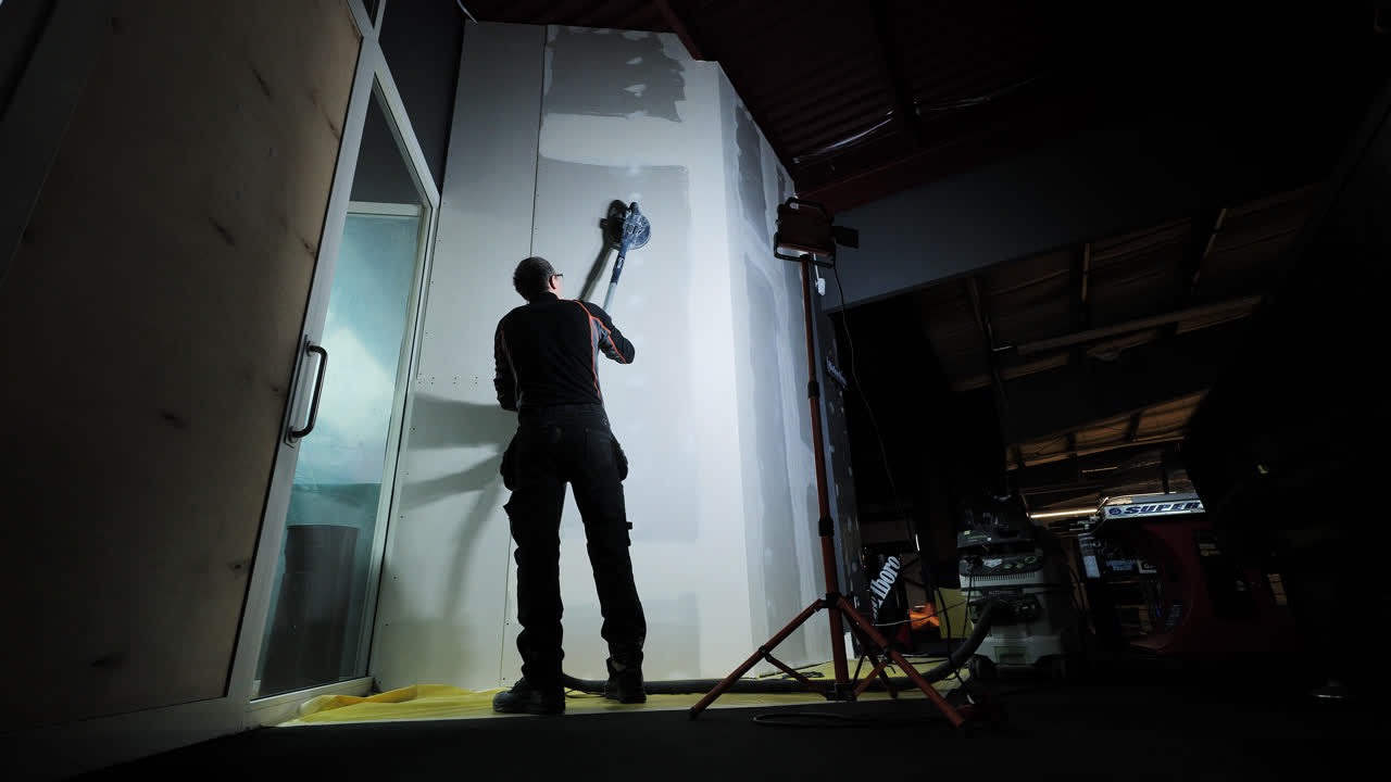 High wall smoothing by worker with vacuum-powered sander inside industrial hall