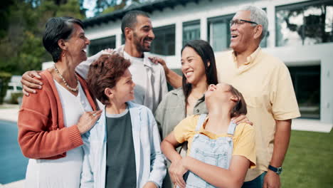 happy family, hug and laughing in real estate