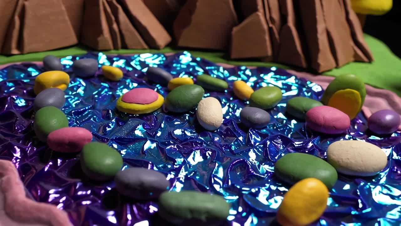 산, 강, 나무와 함께 손으로 만든 페이퍼 마체 풍경