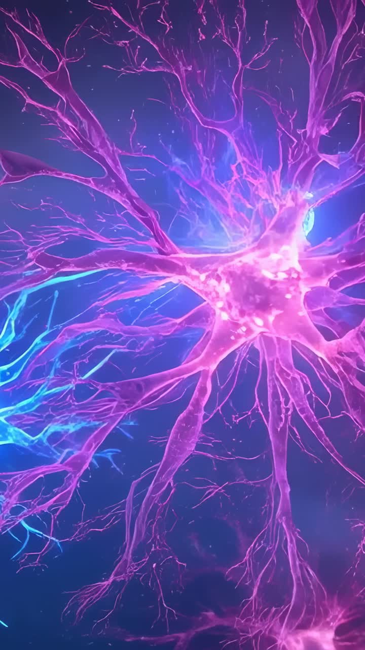 Vertical video: Growing magenta neuron sending tendrils to center as blue branch emits glow merging