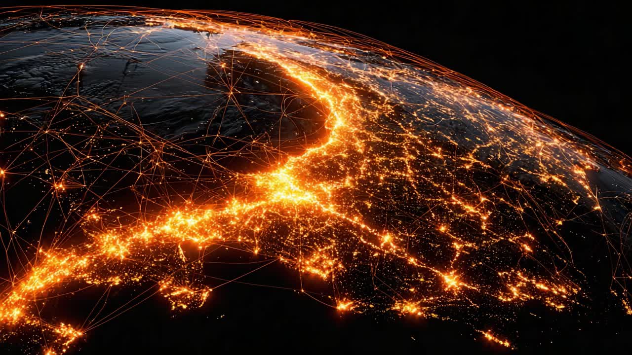 Una splendida visualizzazione del panorama notturno della Terra, che evidenzia le vivaci aree urbane e la connettività attraverso reti di luce, catturata dalla prospettiva dello spazio esterno