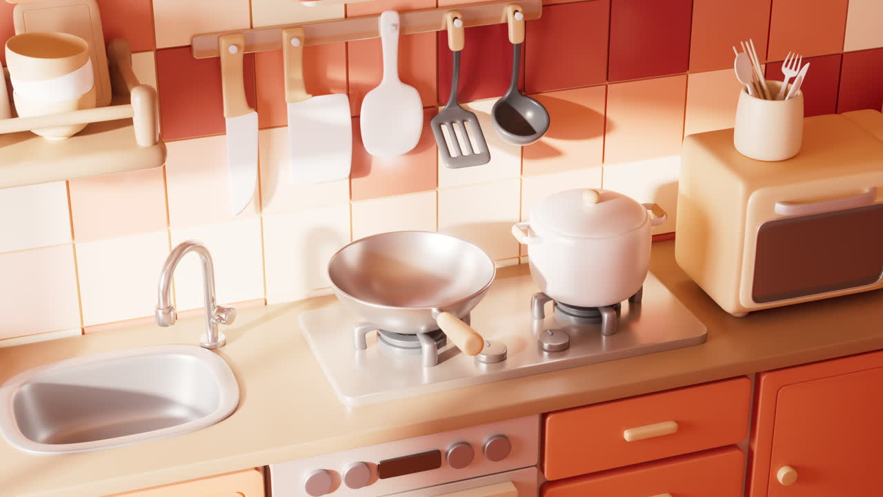 habitación de cocina con estilo de dibujos animados, renderización en 3d.