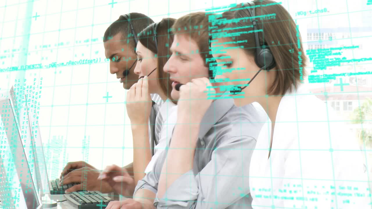 Animation of data processing over business people using phone headsets