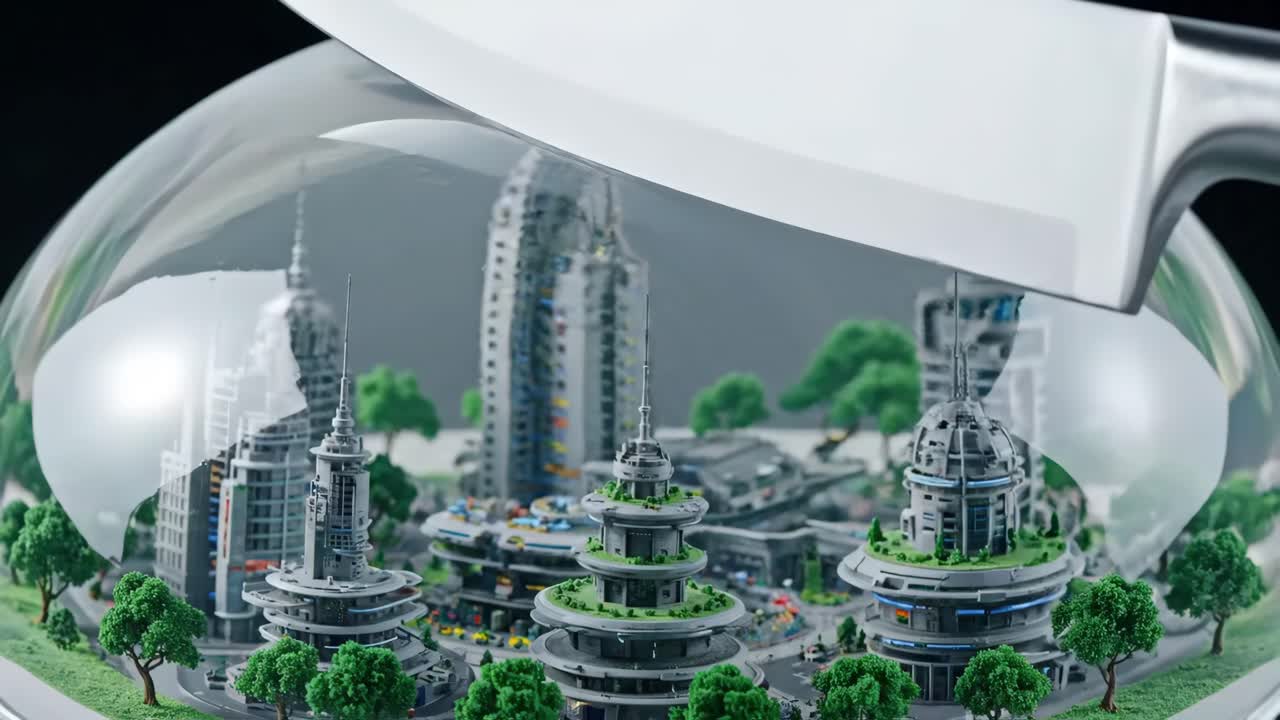 Miniature Futuristic City Under a Dome with Knife