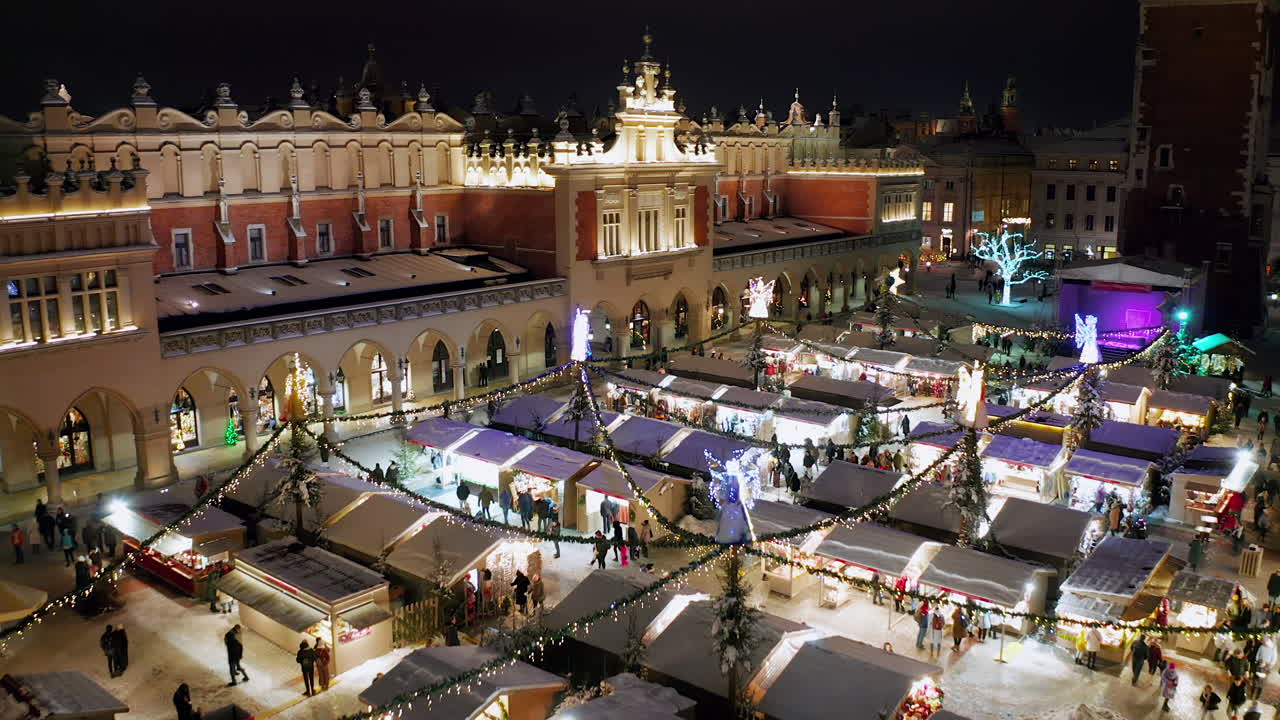 Aerial view (low flight) of snow covered Christmas stalls at night on the Main Market Square in Krakow, Poland