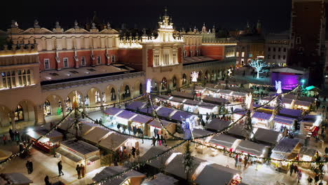 aerial view (low flight) of snow covered christmas stalls at night on the main market square in krakow, poland