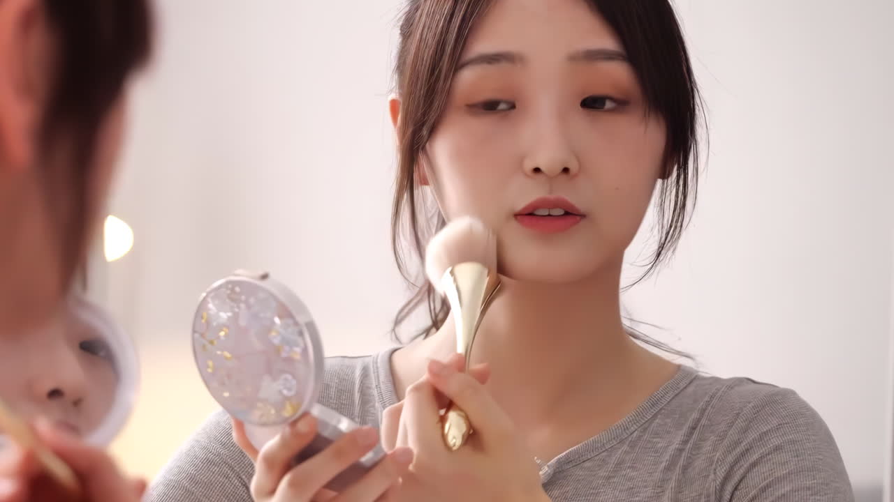 건강한 피부를 가진 전문적인 젊은 소녀는 베이지 바탕에 분리된 브러쉬로 메이크업을합니다. 화장품의 개념, 메이크업, 건강한 피부, 재단 적용, 피부 색상, 건강한 얼굴