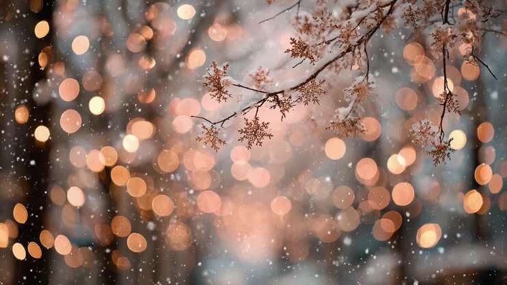 Captivating Winter Wonderland: A Scene of Delicate Snowflakes and Twinkling Lights Amidst a Serene, Frosty Landscape Bursting with Magical Ambiance