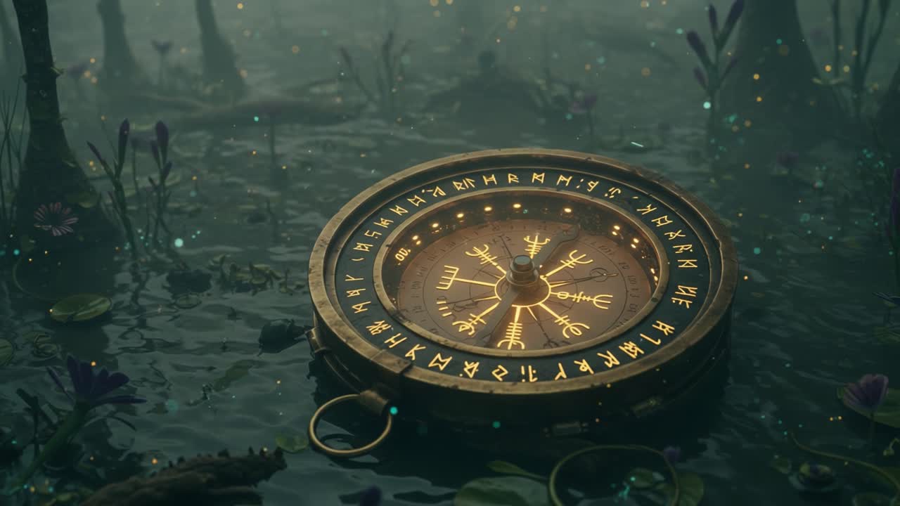 A Mystical Compass Illuminated by Shimmering Light in a Foggy Swamp Setting, Surrounded by Lush Flora and Enigmatic Symbols Reflecting a Journey of Discovery