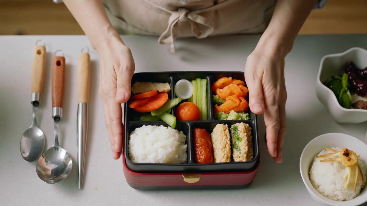 Behände Hände greifen in Schüsseln, platzieren Reis, formen Gemüse, arrangieren Wurst und Tomate für ein rotes Bento-Mittagessen.