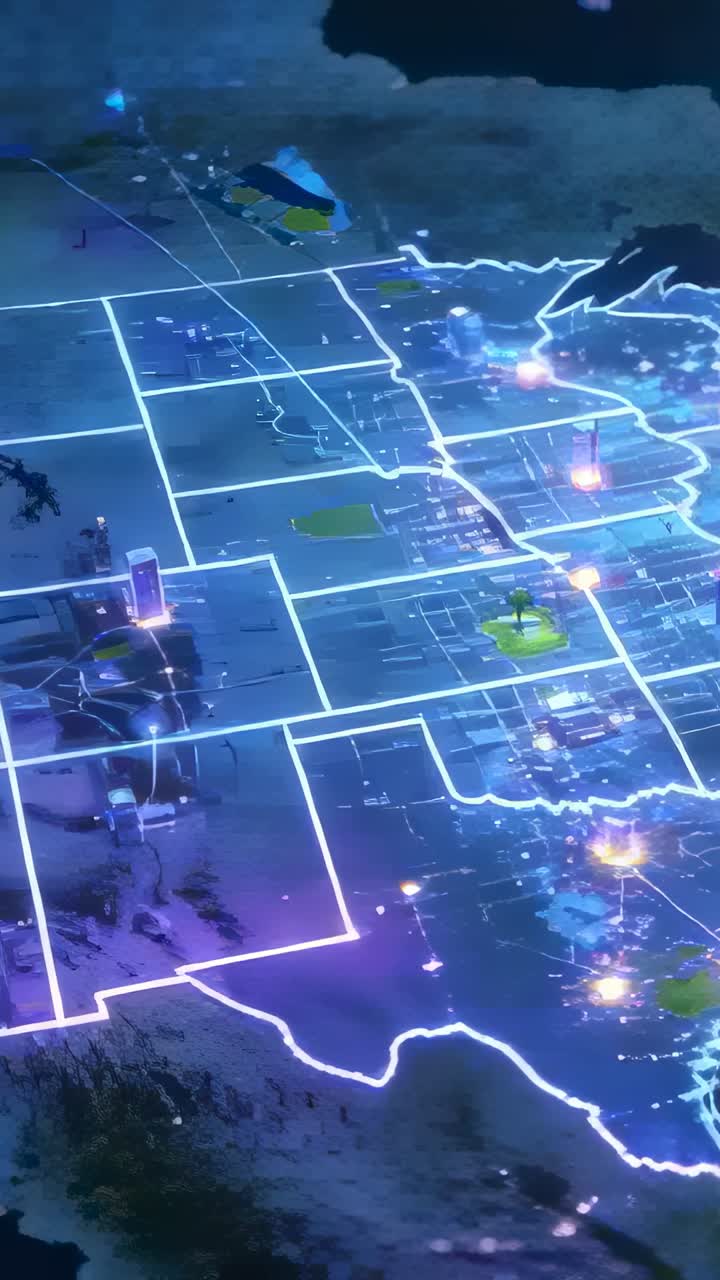Vertical video: Tilting camera revealing neon map of contiguous United States, pulsing grid hubs