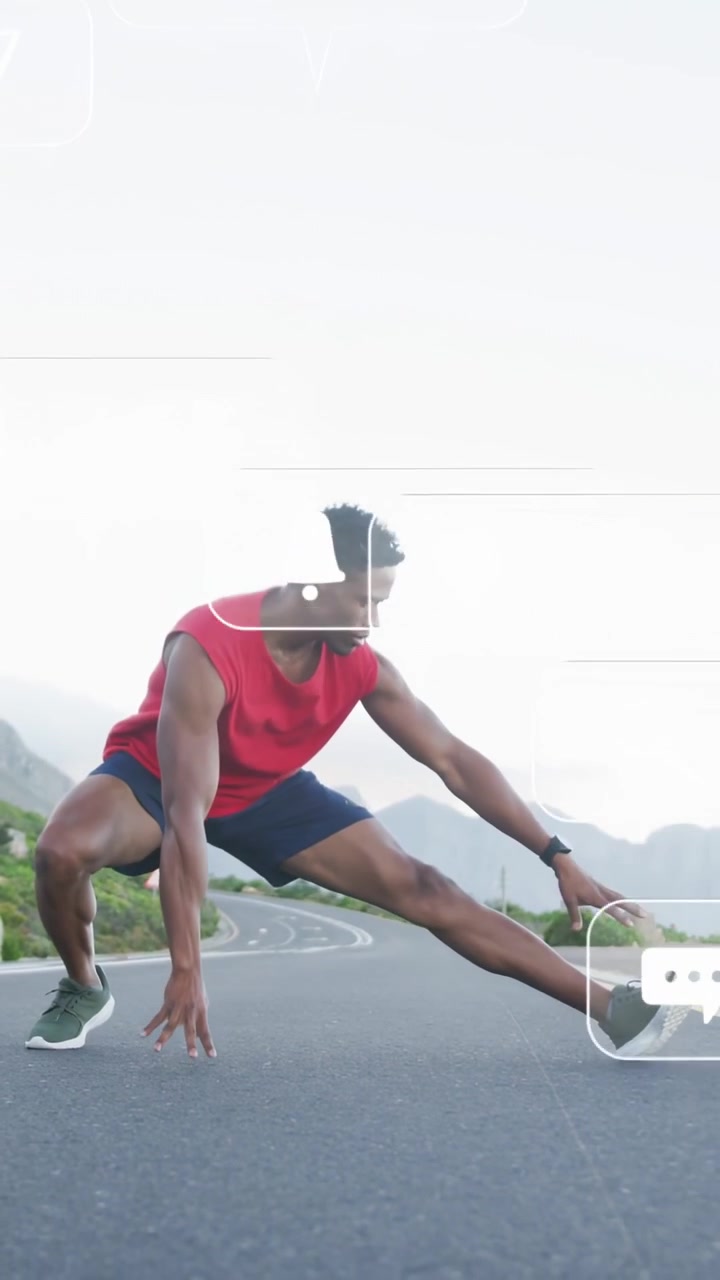 Vertical video: Runner adjusting, starting warmup for fitness while social UI icons float over him