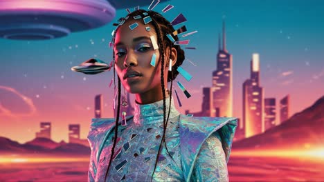 A Futuristic Portrait of a Fashionable Individual in a Sci-Fi Landscape, Featuring Bold Accessories and a Vibrant Color Palette Against a Stunning Cityscape Backdrop